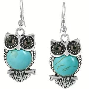Turquoise And Silver Owl Dangle Eearrings